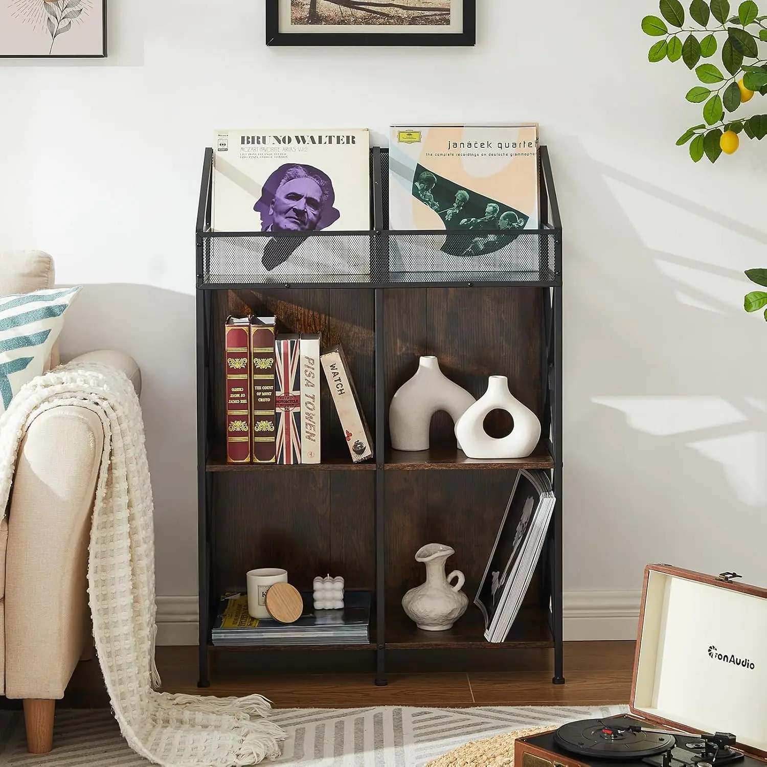 6 Grids Vinyl Record Storage Holder Rack， Wooden Record Display Table For Magazines Files Albums Books For Living Room Bedroom