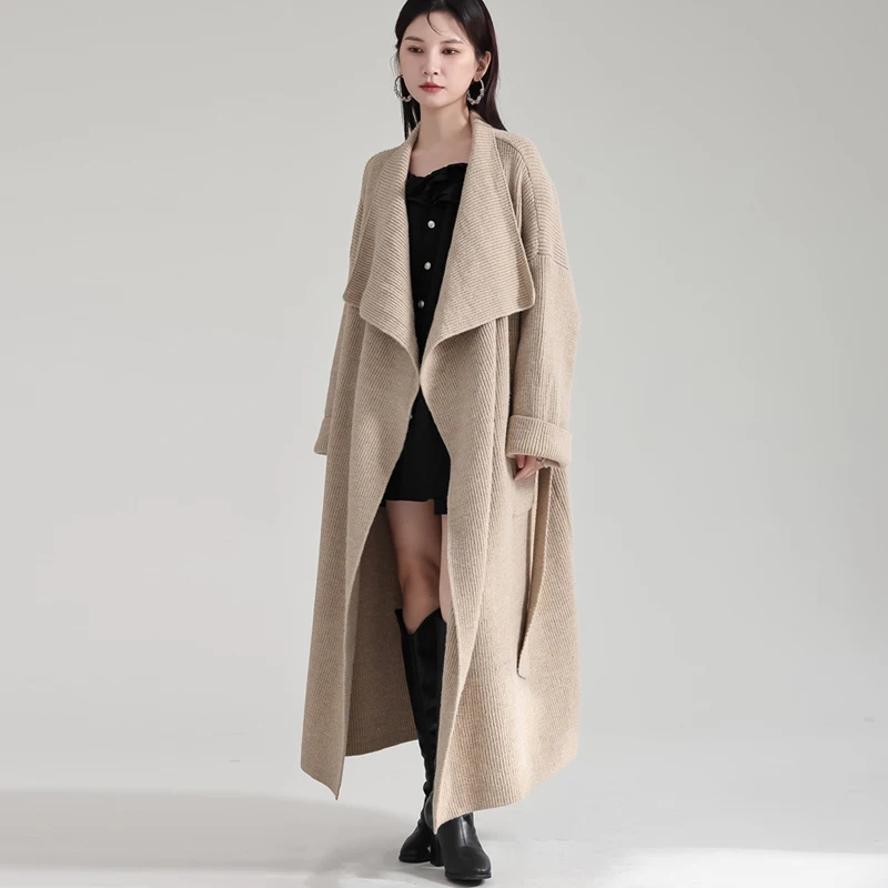 Johnature 2024 New French Vintage Big Lapel Knitted Long Coat Casual Thick Sweater Cardigan Waistband Slouchy Knit Women Coats