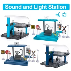 Juguete de luz de sonido de plástico DIY, accesorios de escena de estación de tranvía, ensamblaje de bloques de construcción, Compatible con vías de tren de madera de marca