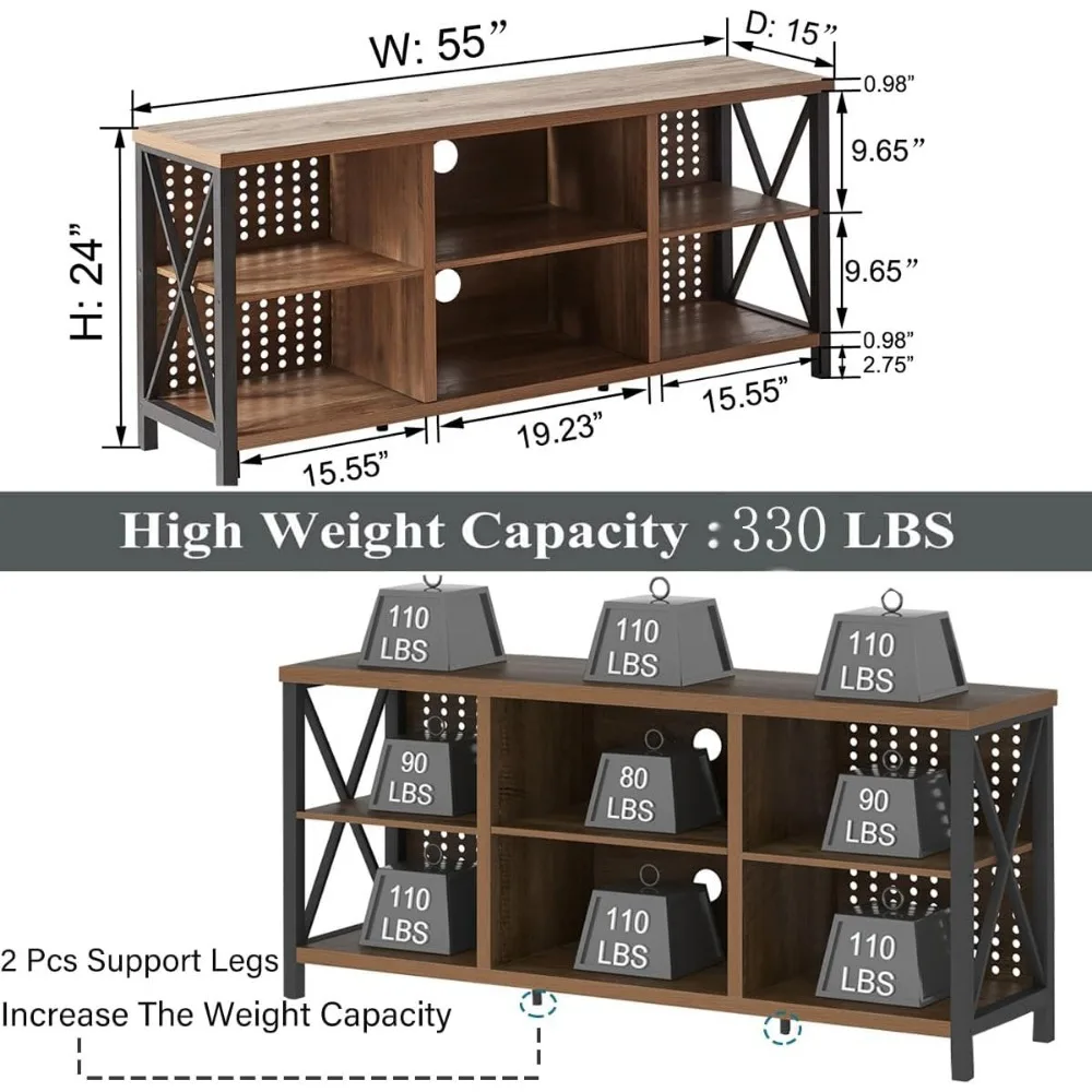 حامل تلفزيون من الخشب والمعدن على الطراز الصناعي لأجهزة التلفاز مقاس 65 بوصة مع وحدة تحكم الوسائط الحديثة ورف تخزين