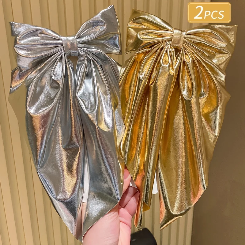 2pcs Oversize Metal Bow Hair Clip Set Exquisite Long Tail Shiny Large Grab Hair Additions Women'S Daily Wear Party Occasions