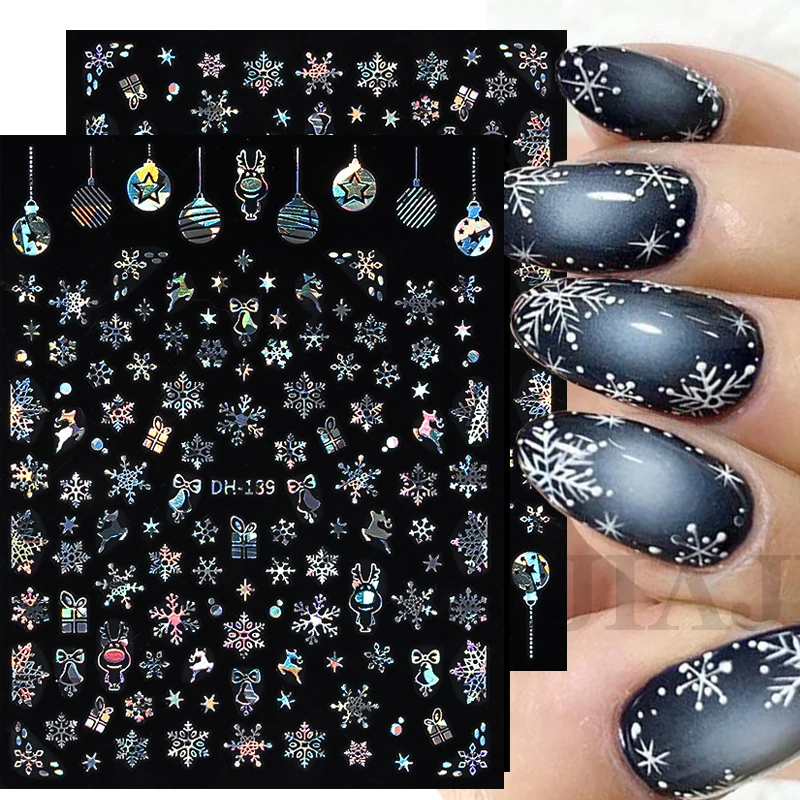 Sliver Bronzing 3D Christmas Nail Art Decoration Sticker Sparkly White Colorful Glitter Geometry Snowflake Winter Slider Foil