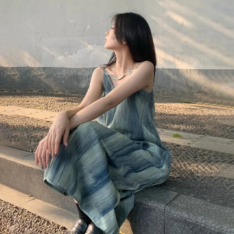 Women Loose Lazy Tie Dye Suspender Dresses Summer Seaside Vacation Long Dress