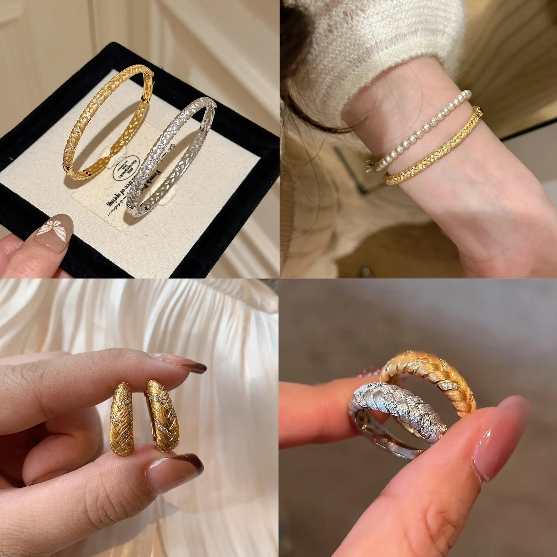 

2025 Italian Brushed Tassel Safety Bracelet French Retro Wheat Tassel Ring Exquisite High-end Forged Earring Set For Women