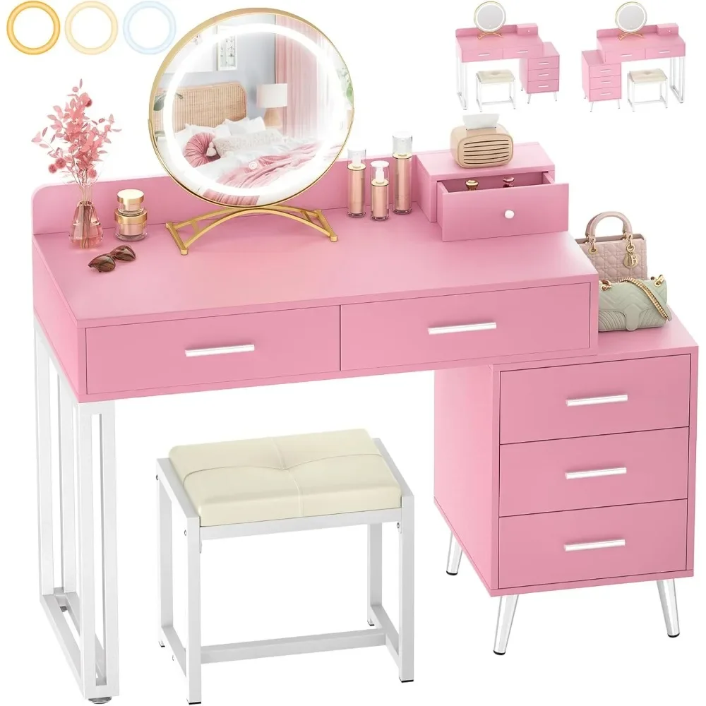 

Pink Vanity Desk with Mirror and Lights, Modern Makeup Vanity Table Set with 6 Storage Drawers and Cushioned Stool for Bedroom,