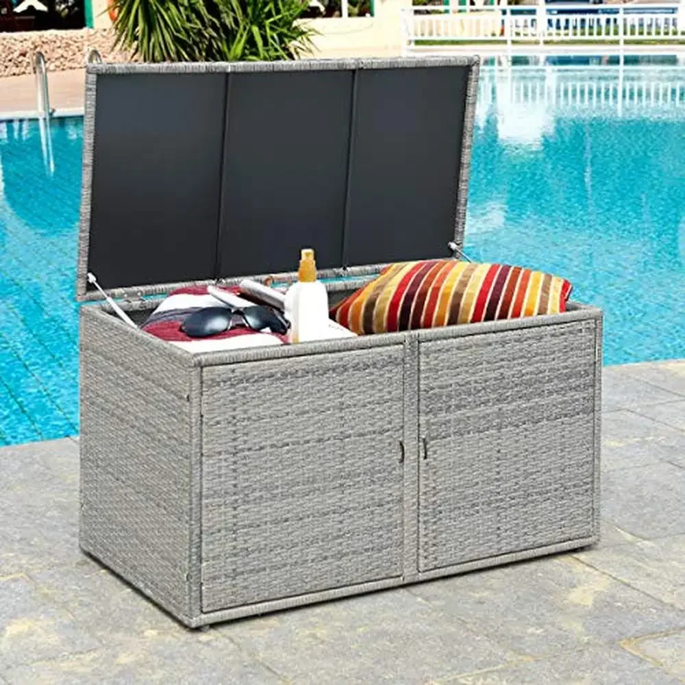 Wicker Storage Box Garden Deck Bin Steel Frame Rattan Lid Tools Accessories 88 Gallon Shelf Double Doors Multipurpose Use Garden