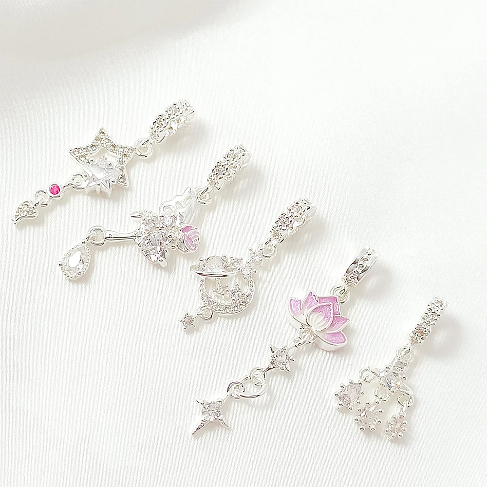 2 Pieces Copper Silver Plating Zircon Inlay Star Moon Lotus Pearl Pendant DIY Jewelry Making Necklace Bracelet Accessories