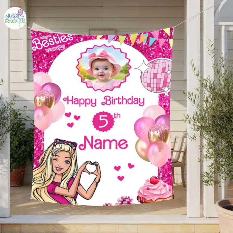 

Girl Birthday Banner for Party Customizable Name Ages Girls Birthday Background Personalized 5th 8th 10th Kids Birthday Backdrop