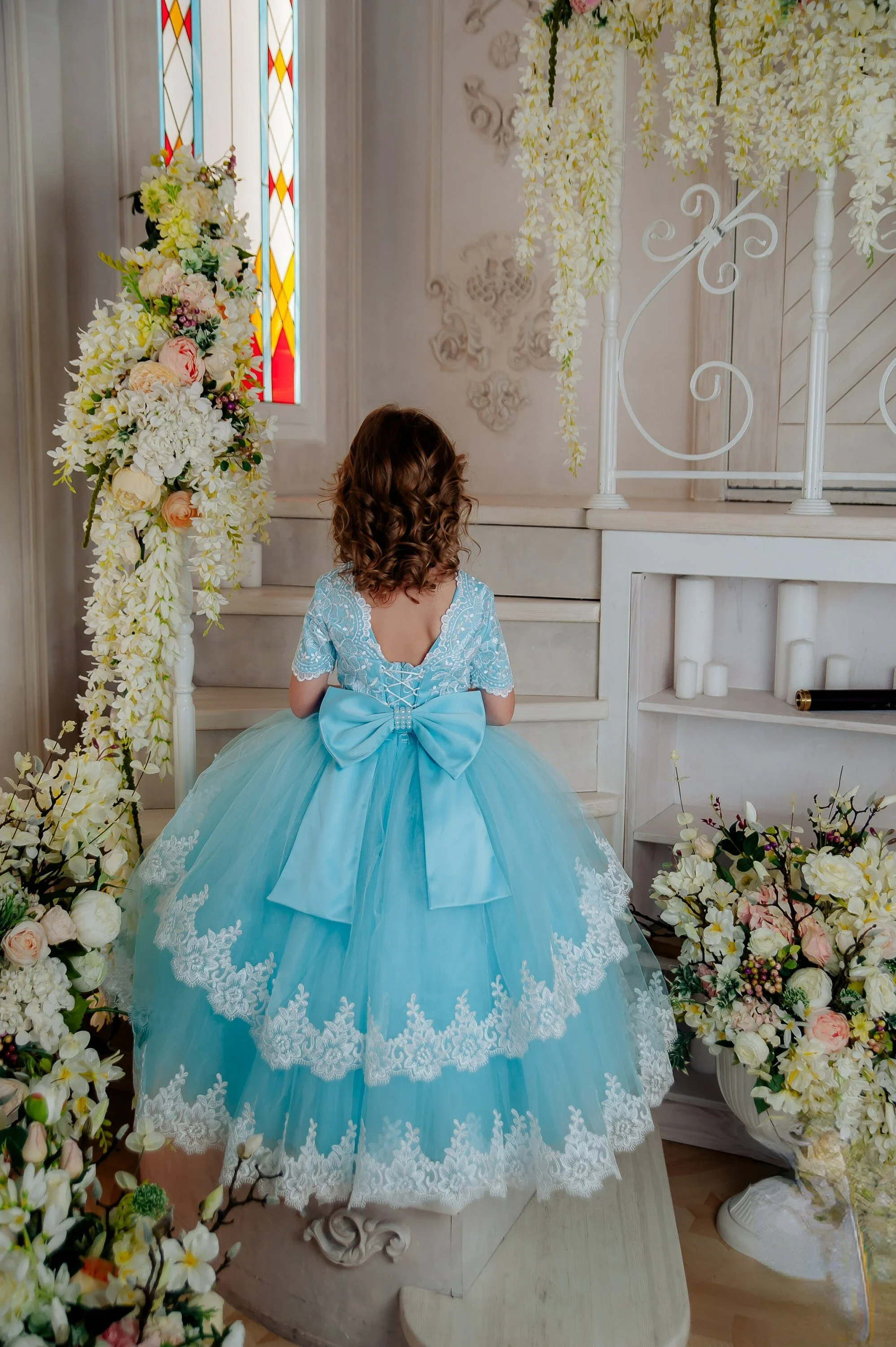 Flower Girl Dress Lovely Blue Fluffy Lace Printing Ball Little Princess Gown for Weddings Dresses Pageant Customised Gowns