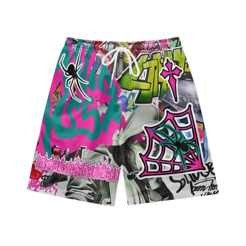 Personalized graffiti spider pattern hip-hop casual fashion loose trend summer men's drawstring beach sports shorts