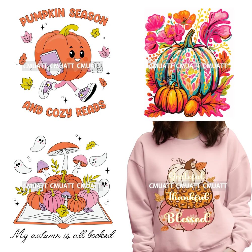 

Pumpkin Season Cozy Readers Autumn Book Season Fall Basics Iron on DTF Heat Transfers Stickers Ready to Press for T-shirts Bags