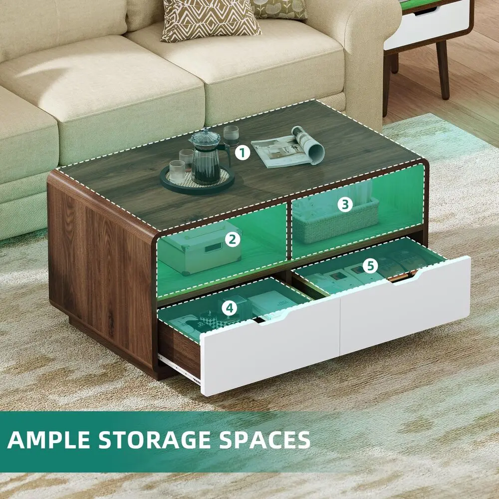 Mesa de café moderna com gavetas, luzes LED, sala e quarto