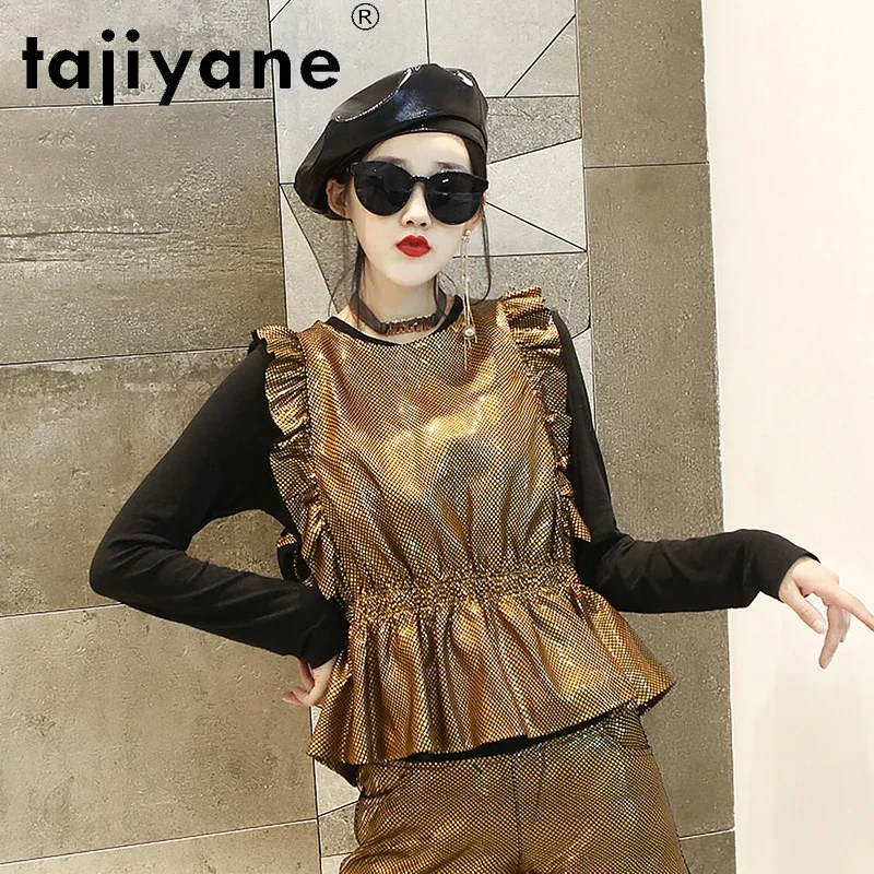 Tajeyane-Chaleco de piel de oveja para mujer, prenda fina y brillante sin mangas, a la moda, tendencia, 2022, FCY107
