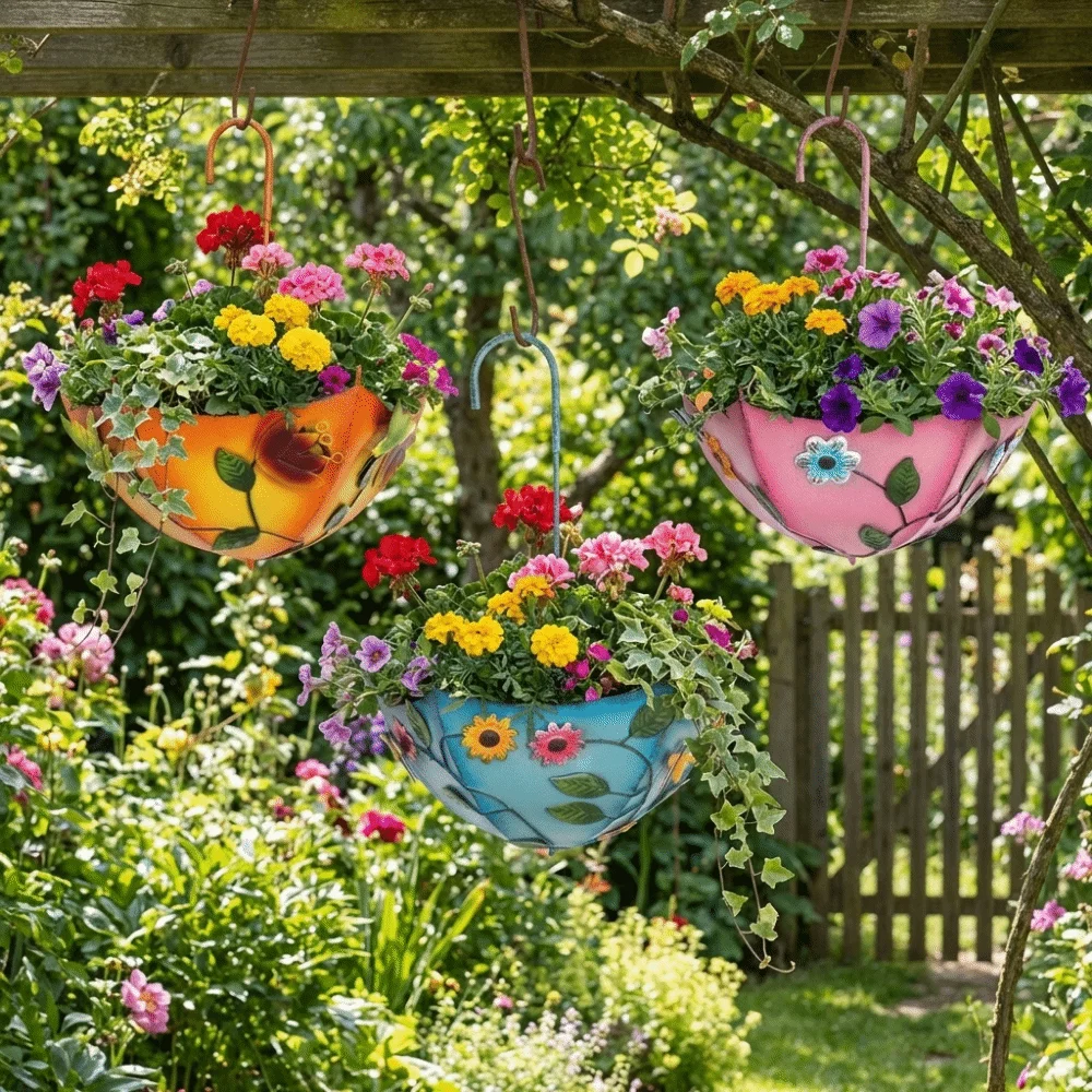 Rustic Iron Umbrella Shaped Flower Pot Decorative Space Saving Hanging Flower Pot Wall Mounted Succulent Plant Hanger Balcony