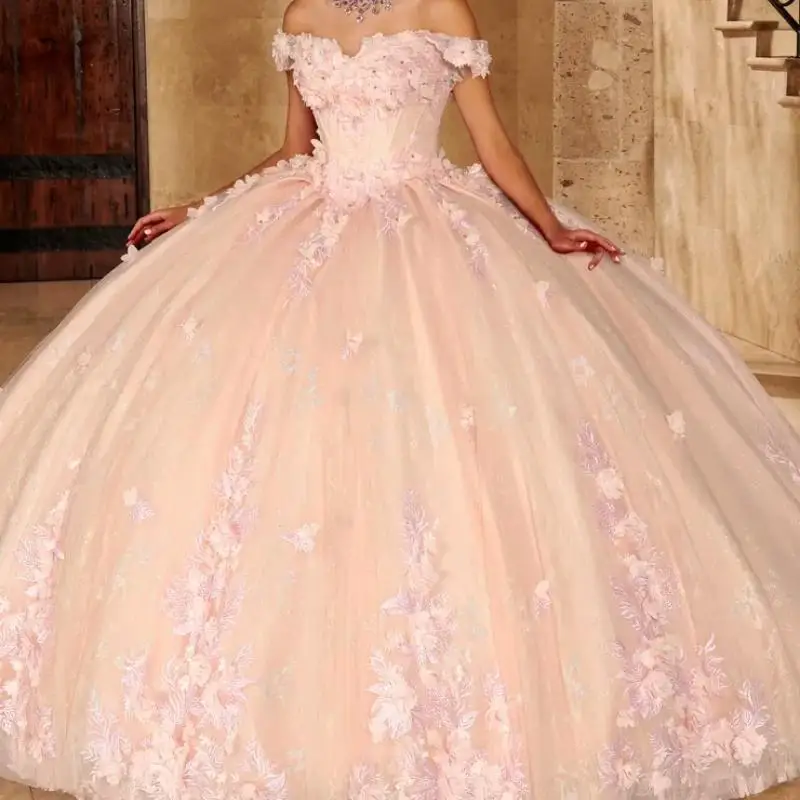 

Pink Shiny Ball Gown Quinceanera Dresses Off the Shoulder Sequin Applique Flower Beads Crystal Tull Party Birthday Sweet 16