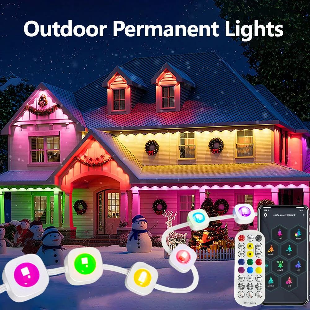 Smart RGB Eave Lights App & Remote Permanent Outdoor LED String Lights for Home New Year Christmas Birthday DIY Lighting,IP67