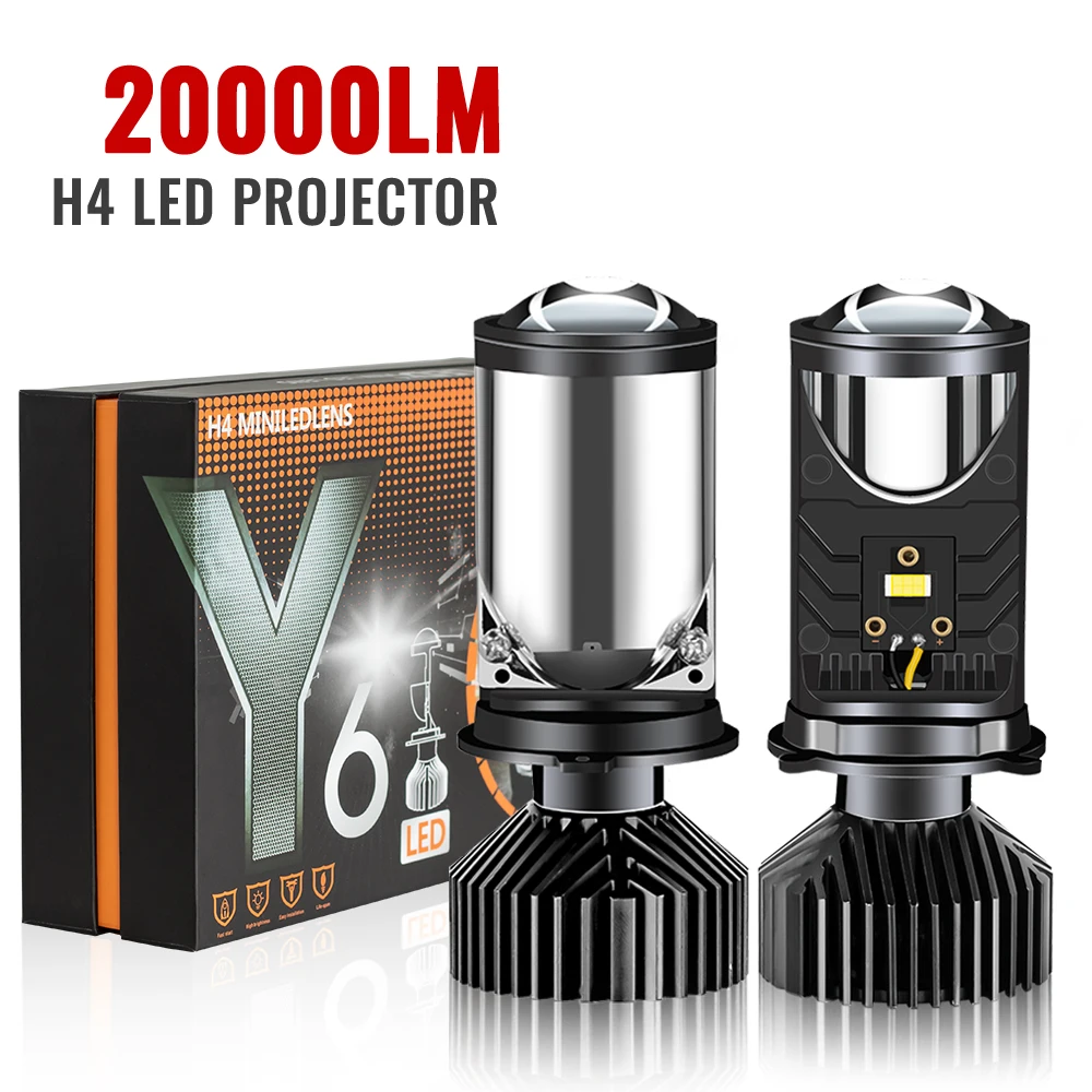 H4 LED Projector Mini Lens Auto H4 LED Headlight Bulb Kit Conversion High Beam Low Beam 20000Lux 6500K Turbo Fan Car Light Lamp