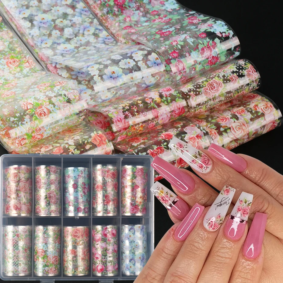 10 Rolos de Adesivos de Transferência para Unhas com Rosas Coloridas, Design Floral Elegante de Renda de Rosa para Decoração de Unhas com Folhas de Papel para Primavera