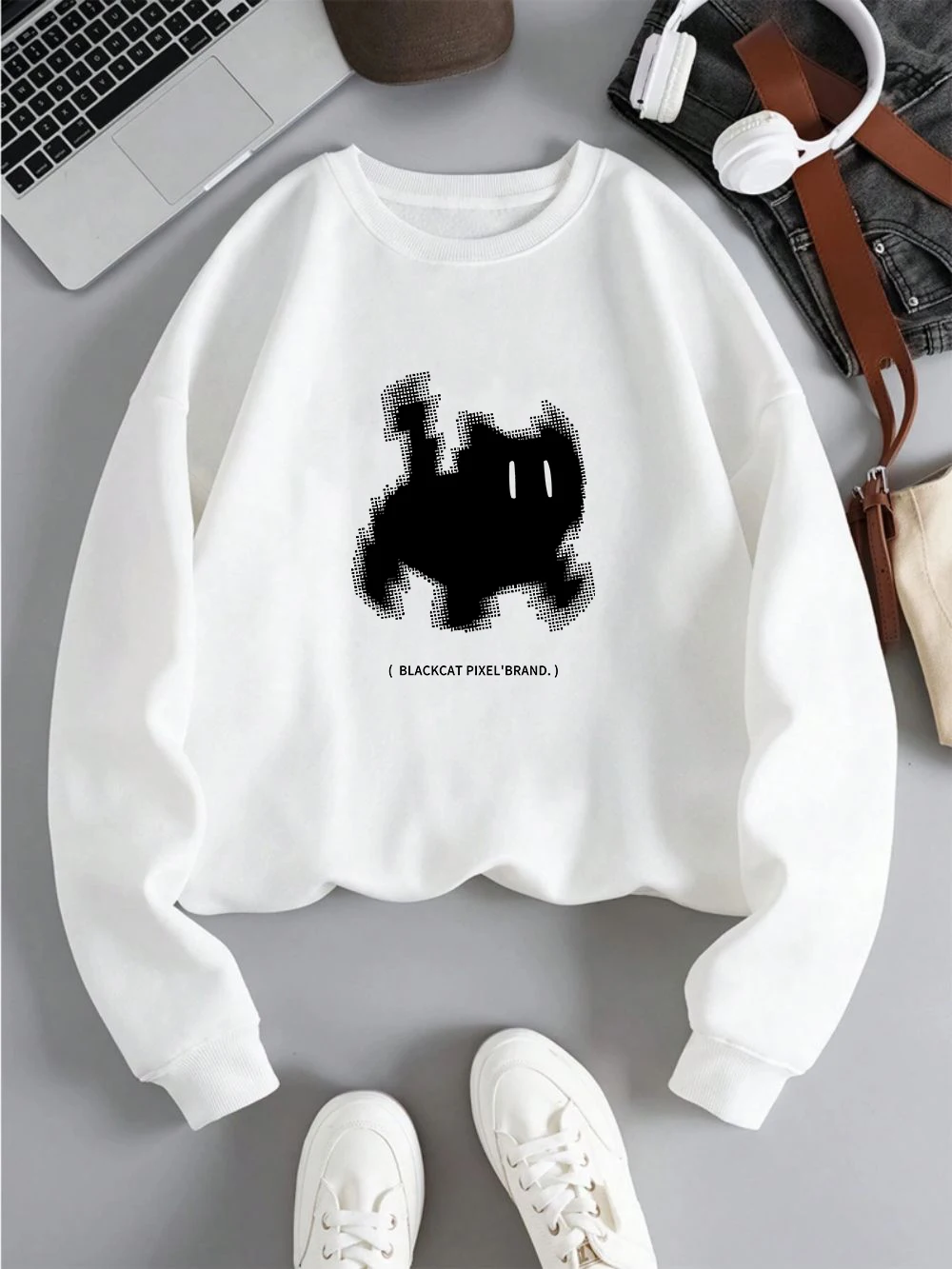 Casual Womens Hoodie Black Cat Pixel Cartoons Printing Sweatshirt Loose Warm Fleece Pullover Autumn Winter Female Streetwear