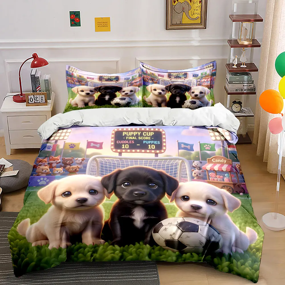 Adorable puppies at soccer match Pattern Duvet Cover Set Digital Print Colorful Polyester Bedding with Zipper Closur for gifts