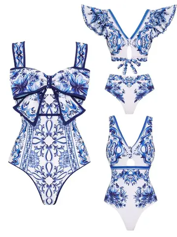 FLAXMAKER 활 장식 마졸리카 프린트 원피스 수영복, 섹시한 비키니 수영복, 푸시업 수영복