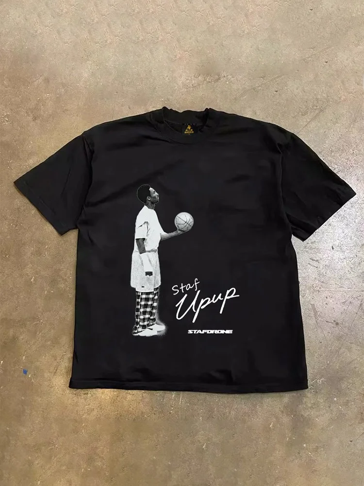 Loose Fit Cotton T-Shirt Unisex Short Sleeve Double Thread UPUPXIA Hero Print Sweat Absorbent round Neck Casual Summer Top