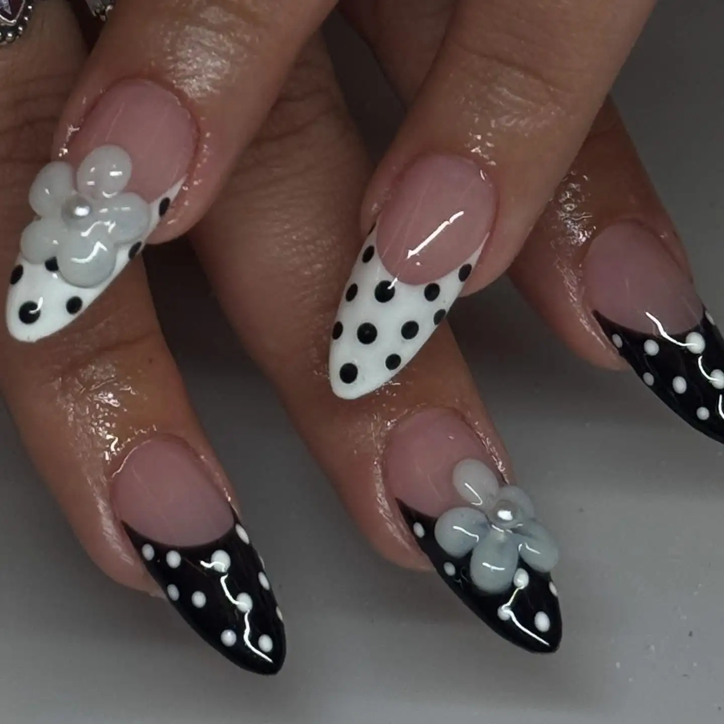 

10pcs Handmade Press on Nails 3D Flower Black White Polka Dots Thick Almond French Tips Nail Supplies Polka Dot Acrylic Nails