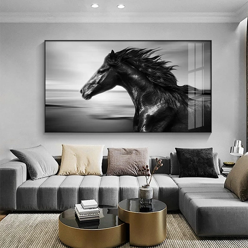 Modern Animal Black and White Aisle Unique Gallop Horses Canvas Painting Posters and Prints Wall Art Picture Home Decor No Frame