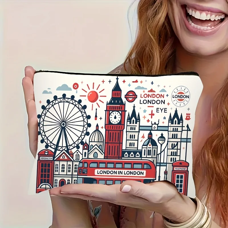 London Building Pattern, Multifunctional Travel Makeup Bag, Emergency Snack Bag, Durable Polyester Zipper Storage Bag,