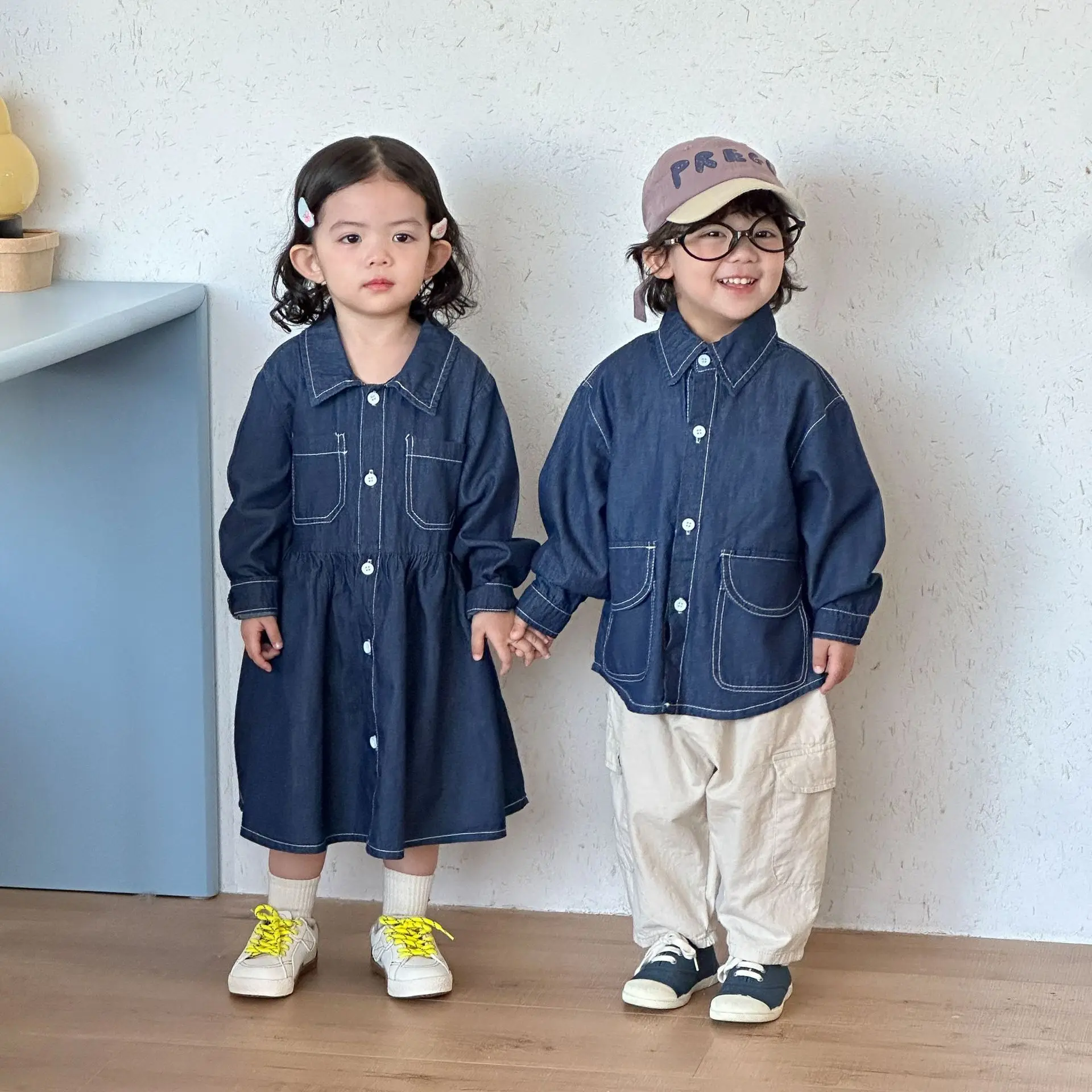 2026 Spring New Children Denim Dress Toddler Girls Long Sleeve Lapel Dress Kids Boys Denim Shirts Coat Brother Sister Costume
