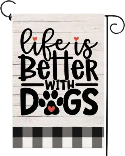 Life Is Better with a Dog,Garden Flag Double Sided, Pet Yard Buffalo Plaid Outdo