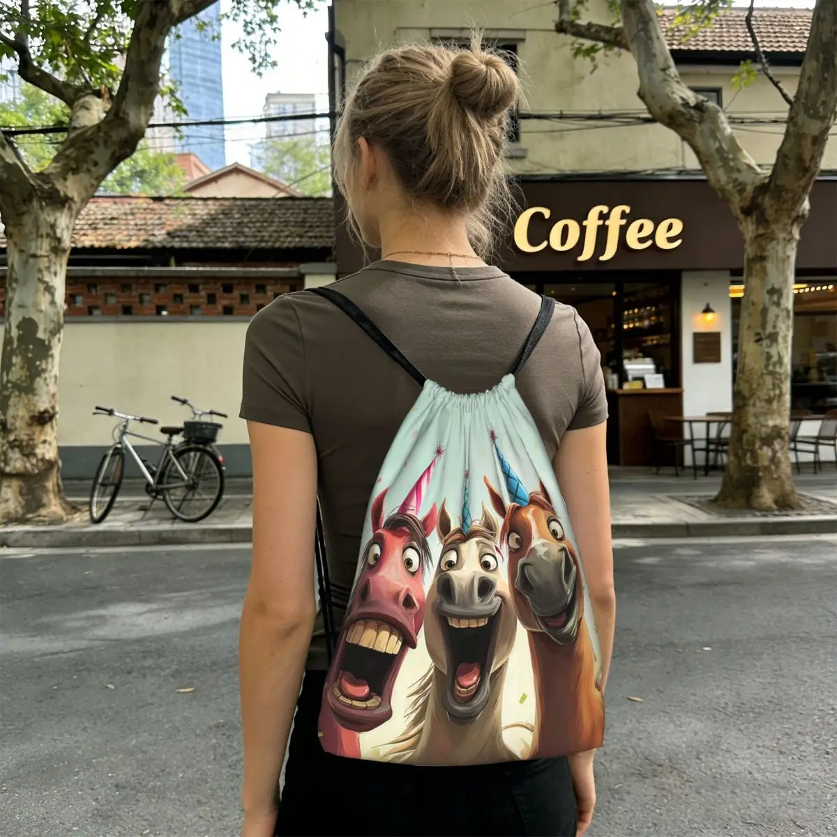 Three Cartoon Horse In Fences Backpacks Portable Drawstring Bags Sports Bag Book Bags for Man Woman School