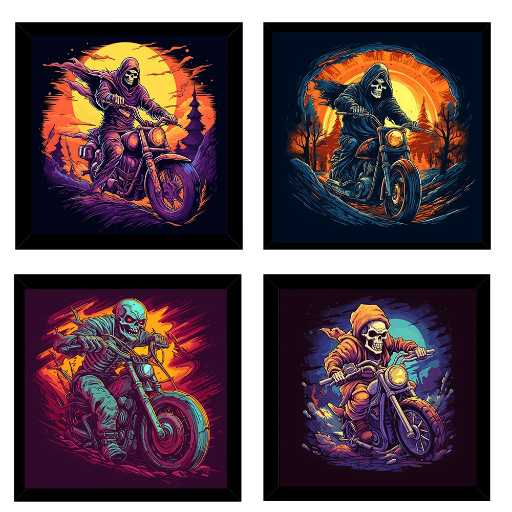 

Gothic Grim Reaper Motorcycle Poster Prints For Home Decor Funny Horrible Skeleton Skull On Autocycle Canvas Painting Wall Art