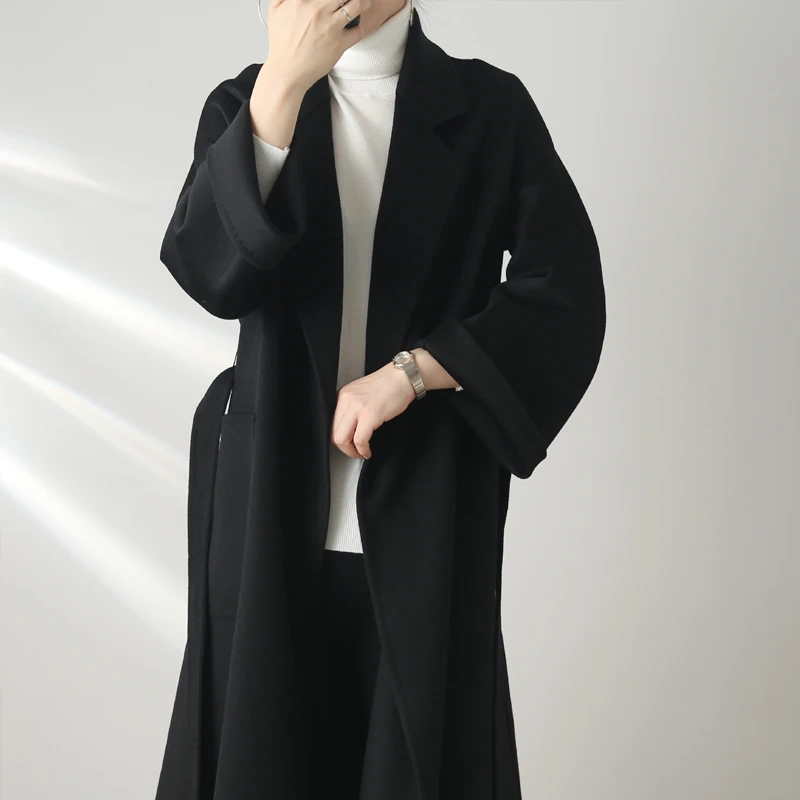 Casual Big Size Solid Water Ripple Wool Women Long Loose Double-sided Cashmere Coat Lapel Belt Warm Jacket Fashion Spring Autumn