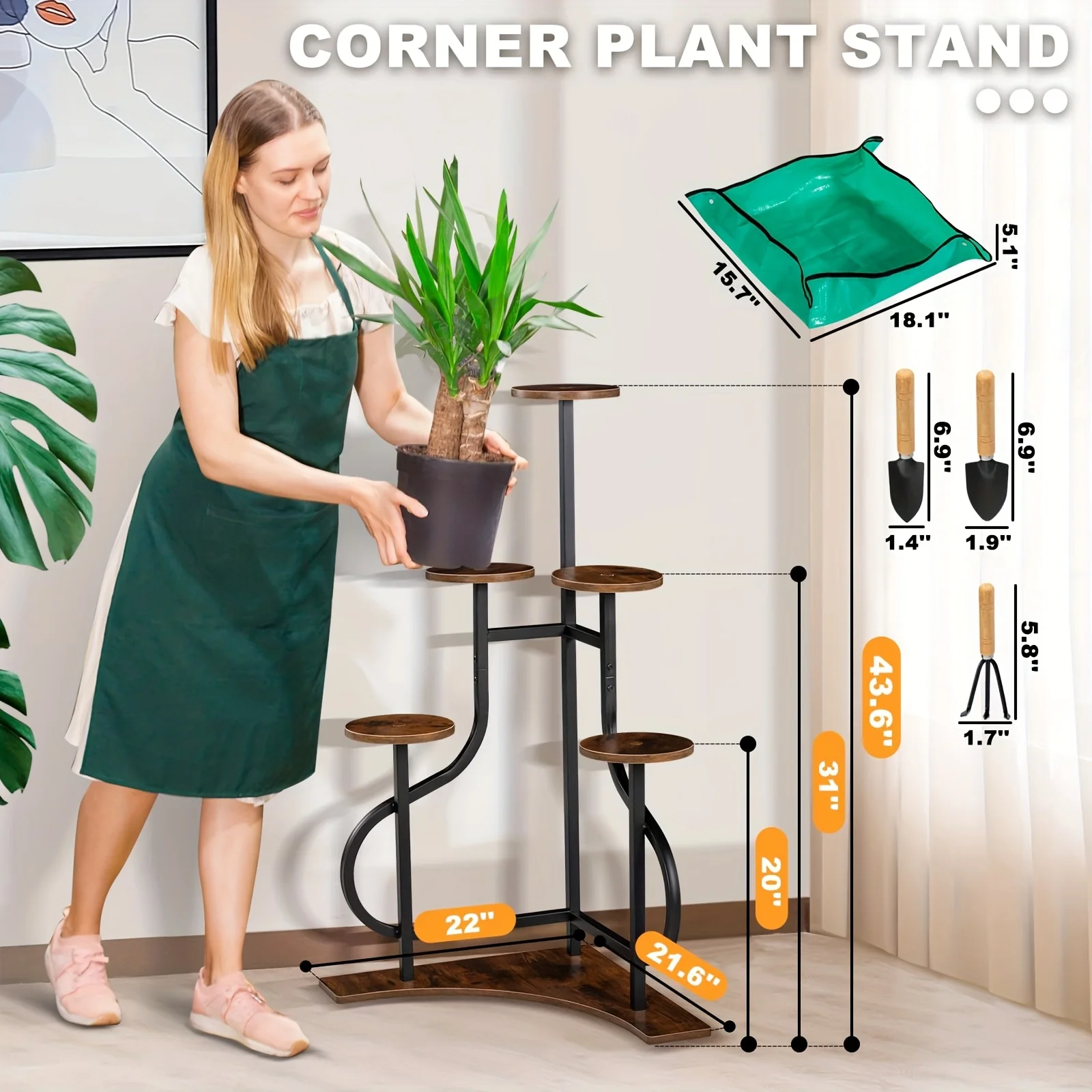 6-Tier Heavy Duty Metal Corner Plant Stand with L-Shaped Base & Curved Shelves - 44