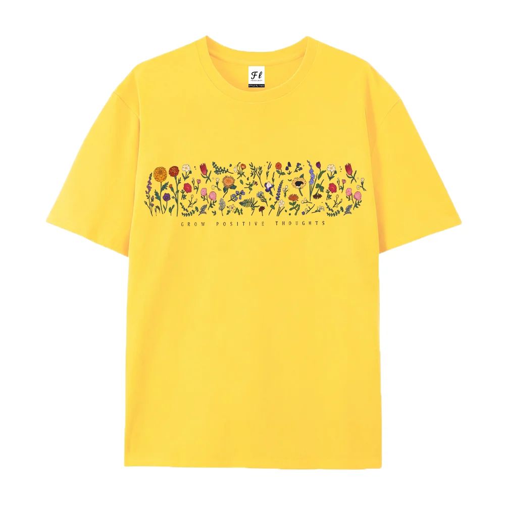 Women T Shirt Grow Positive Thoughts Wildflower Graphic Tees Mental Health Floral Vintage Aesthetic Short Sleeve Tops