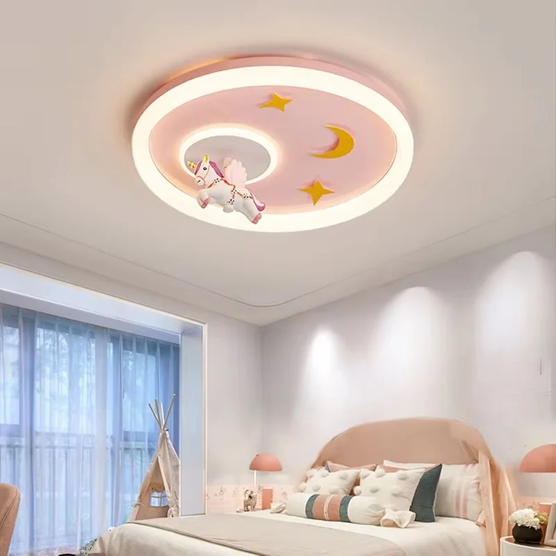 Pink Children's Room Ceiling Lights LED Girl Bedroom Light Flying Unicorn In The Air Modern Creative Princess Room Ceiling Lamps