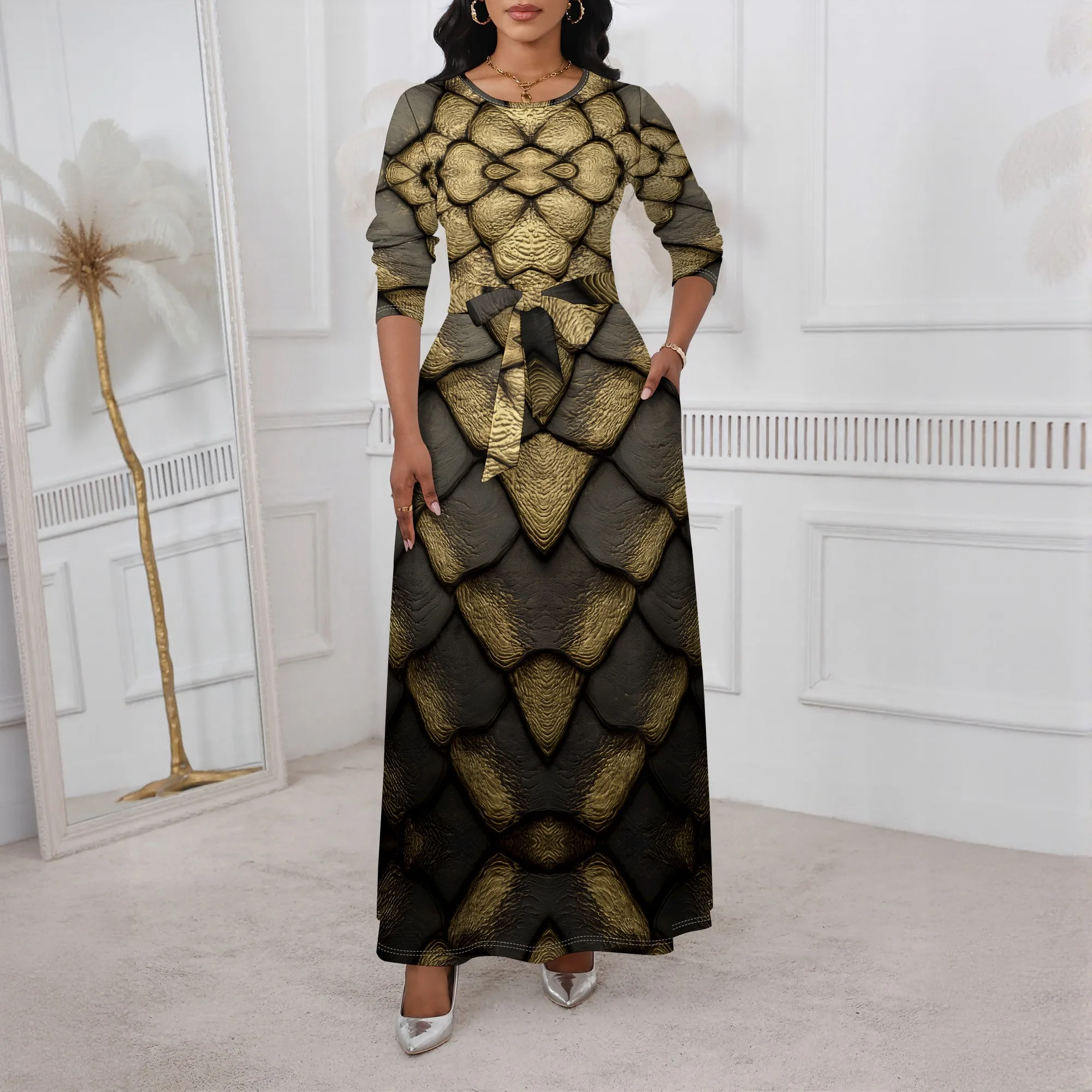 

Gold Black Scale Print Maxi Dress XS-3XL Round Neck Long Sleeve Belted Style for Fashion Party, Culture Fest or Bold Street Look
