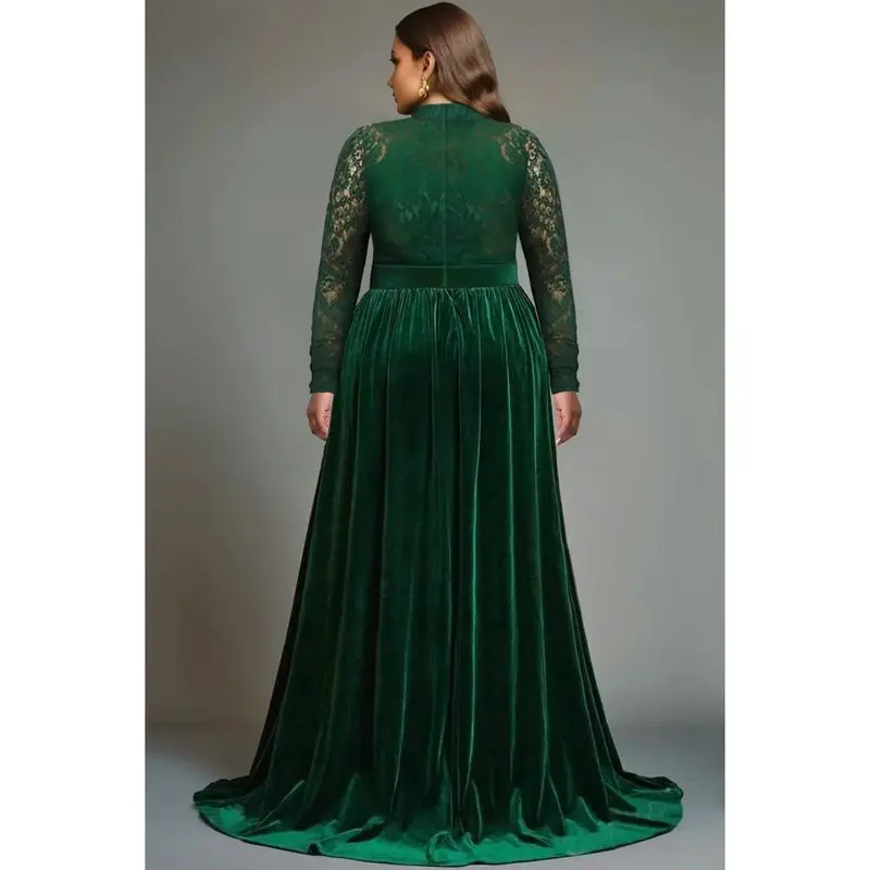 

plus Size Emerald een Formal Dr V Ne Long Split Cleanfit Sle Mid-Length A-Line Sve Thi Winter Ladies Faion