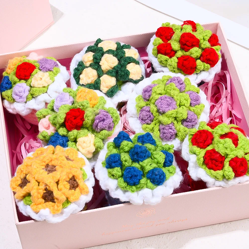 1Pc 6.3×7cm Colorful Acrylic Yarn Crochet Mini Bouquet Charm Hand Knit Flower for Keychain Bag Pendant Wedding Gift DIY Decor