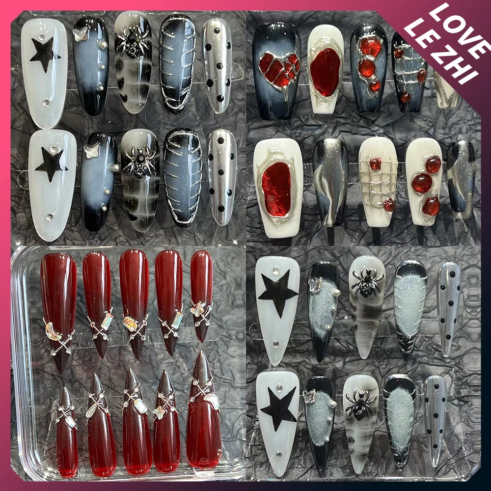 Y2K Punk Gothic Pure Handmade Press On Nails Fleck Metal Spider Black Pentagram Long Coffin Stiletto Full Cover Nail Party Gift