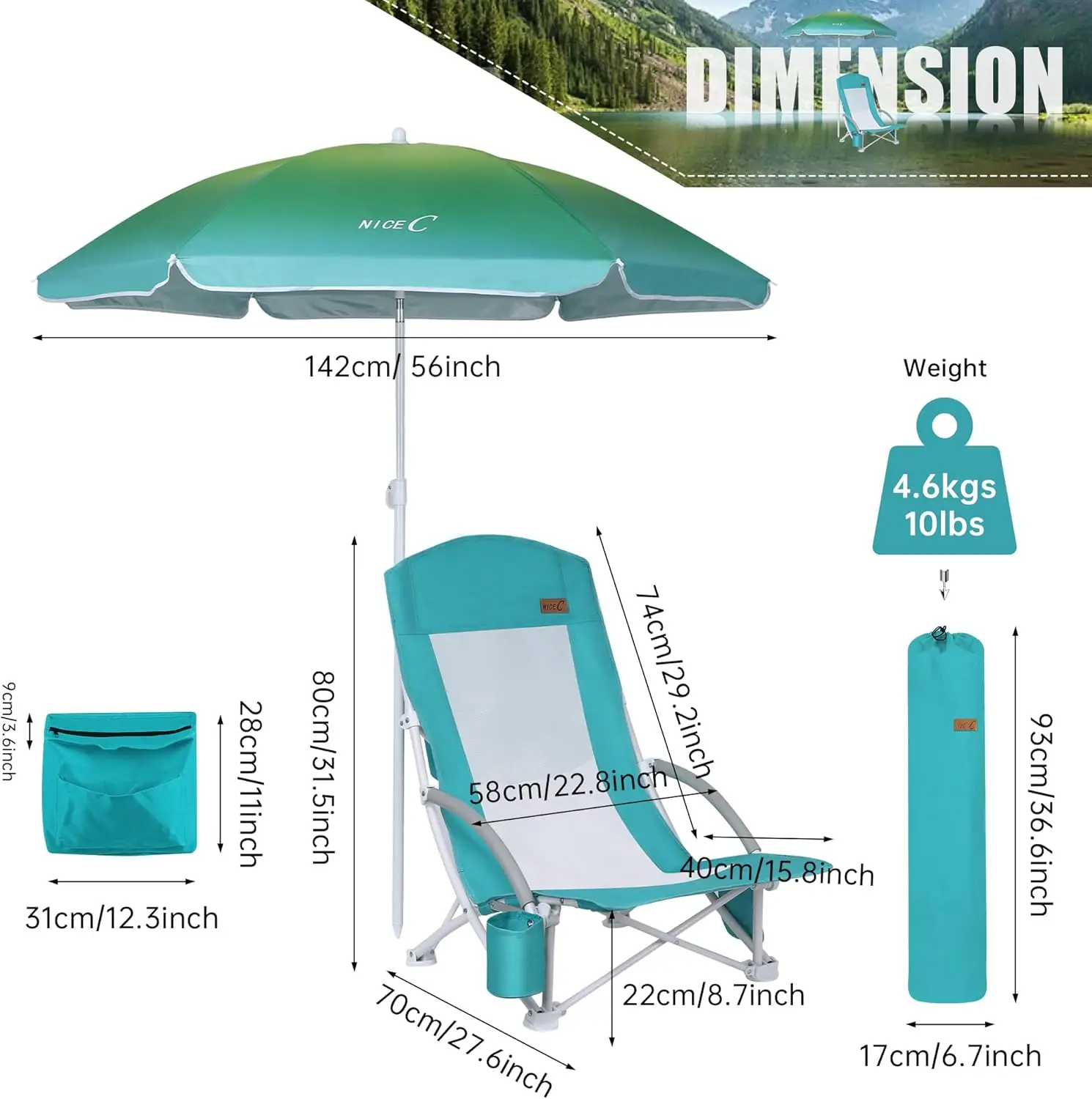 Beach Chairs for Adults with Umbrella and Cooler, High Back, Cup Holder & Carry Bag & Heavy Duty Compact Outdoor