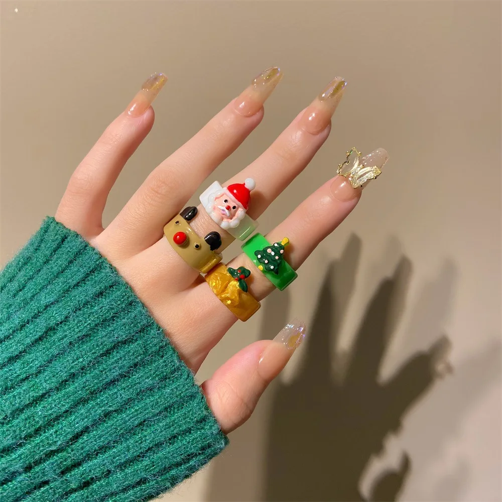 Fashion Christmas Rings 2024 Xmas Acrylic Snowman Tree Bell Ring For Xmas Festival New Year Party Jewelry Women Girls Gifts