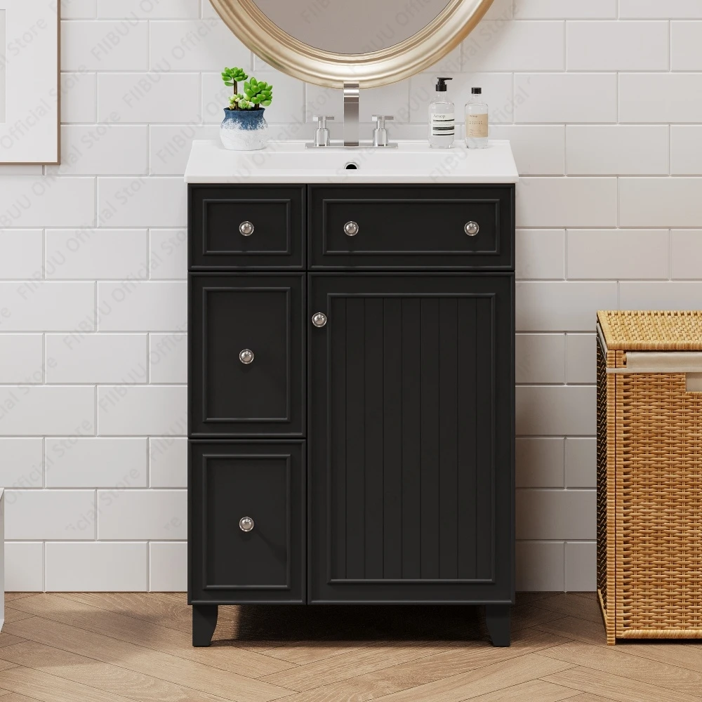 Bathroom Vanity Cabinet 24 Inch with Ceramic Sink Basin 2 Drawers 1 Door for Compact Bathroom Storage Cabinet Vanity Sink Combo