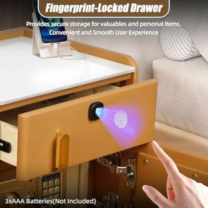 Smart Nightstand With Hidden Safe And Fingerprint Locking Drawer Leather Marble Tabletop For Bedroom Modern USB Charging Orange