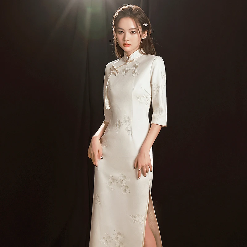 

Ele Long Sve White Qipao Young Girl Sle Daily Wear High Quali Traditional Chinese Dr Naimo Brand Pure Color