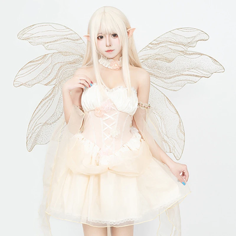 Abito da elfo a farfalla cosplay Abito da donna con top a tubo con giunture in rete senza schienale skinny in vita cosplay