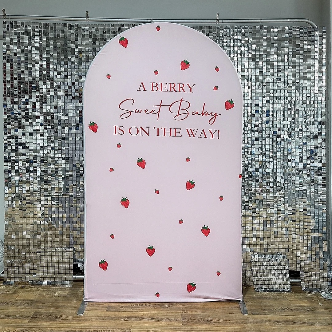 

A Berry Sweet Baby Is on The Way Theme Arch Backdrop Cover Pink Elastic Fabric Baby Shower Girl Birthday Party Decoration Props