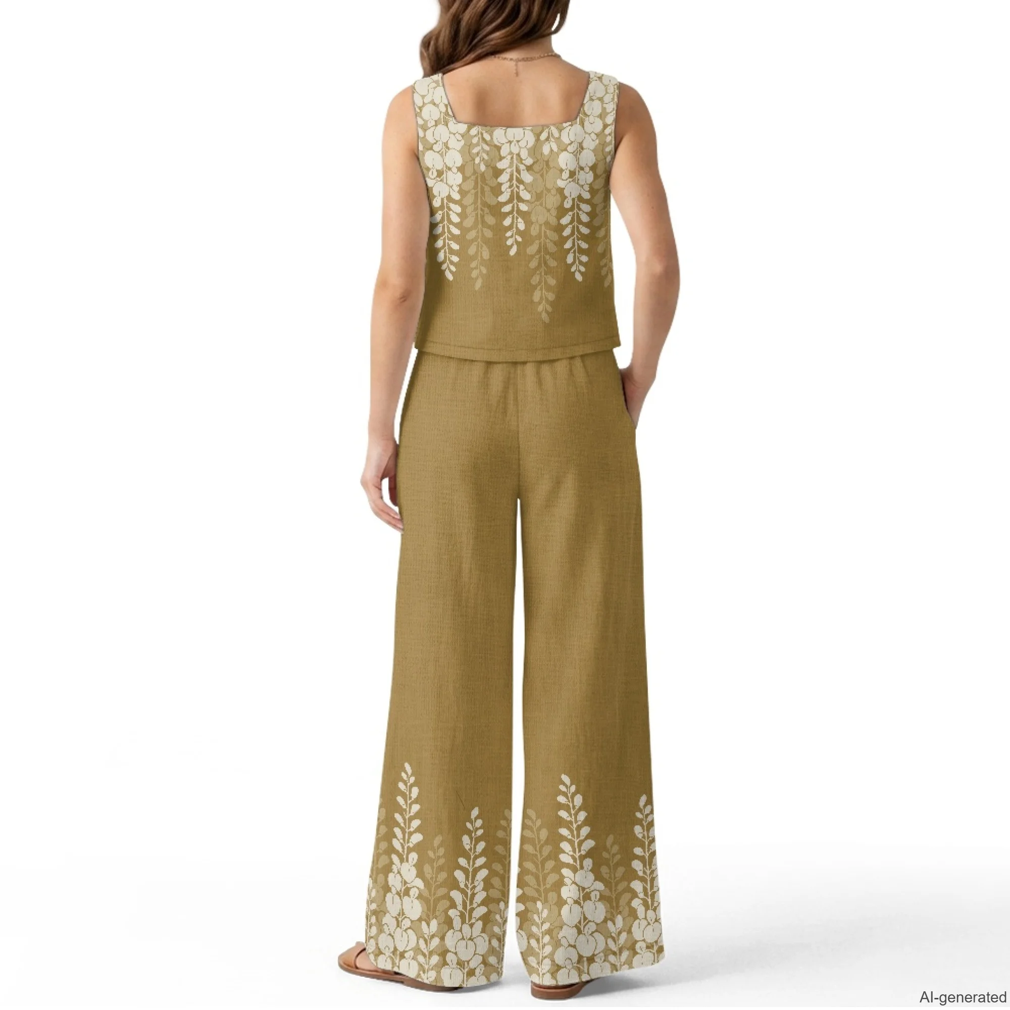 XIXIRIMIDO Women's Linen Two Piece Leaf Prints Sleeveless Tops Wide-Leg Pants Lounge Set Beach Vacation Outfits with Pockets