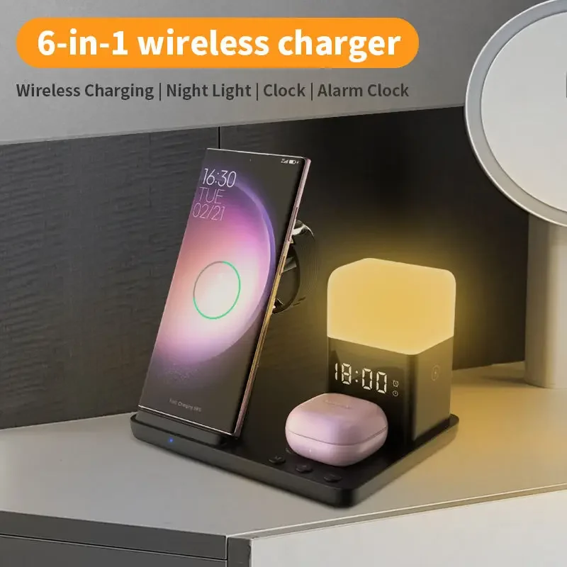 

6 in 1 15W Magnetic Multifunctional Desk Desktop Charging Station Digital Time Alarm Clock LED Table Lamp with Wireless Charger